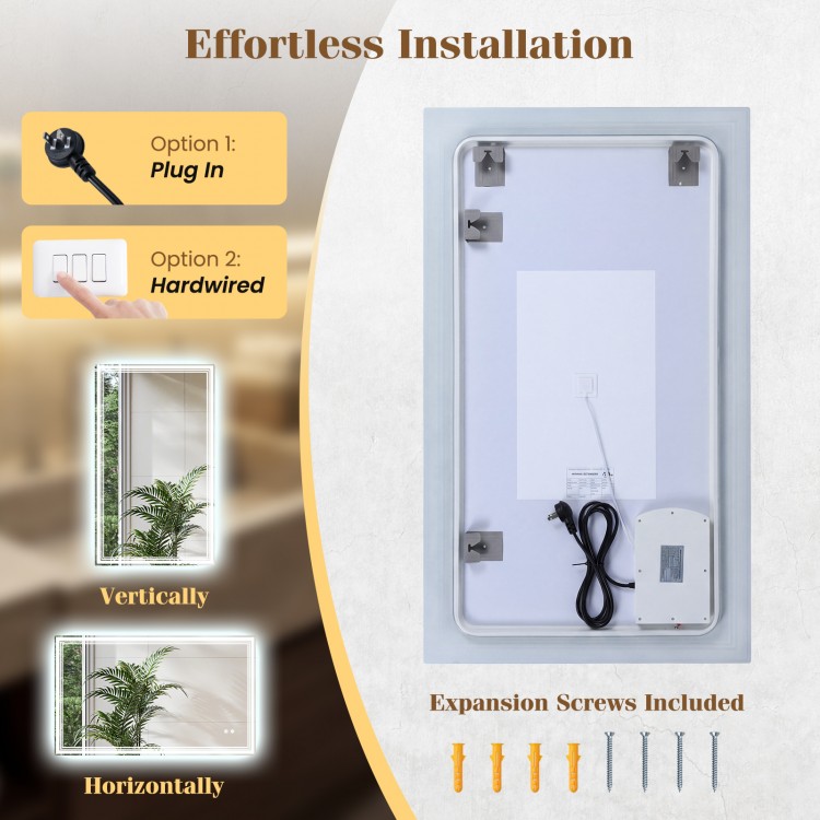 48" x 28" LED bathroom mirror installation options, showing plug-in and hardwired setups for easy mounting.