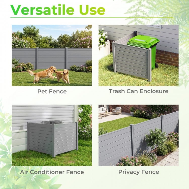 Air conditioner fence panels with galvanized metal stakes, ideal for versatile use as a pet fence or trash can.