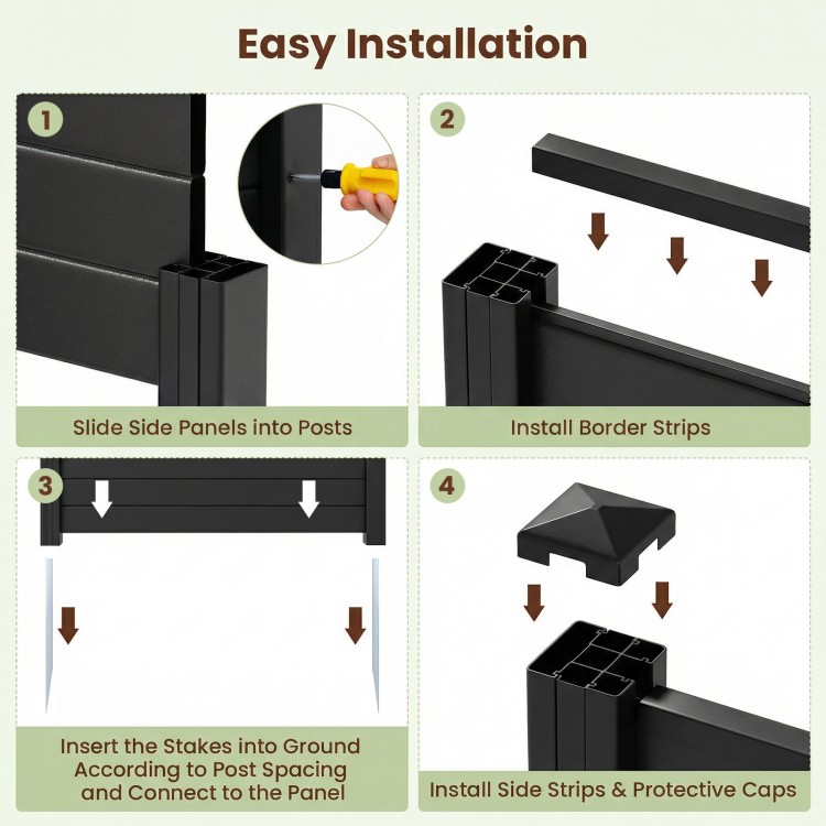 Installation steps for a 48 x 38 inch black air conditioner fence with metal ground stakes for easy setup in outdoor.