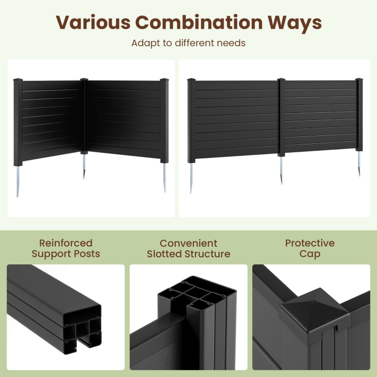 Three-panel black air conditioner fence with metal ground stakes, designed for versatile outdoor use and easy.