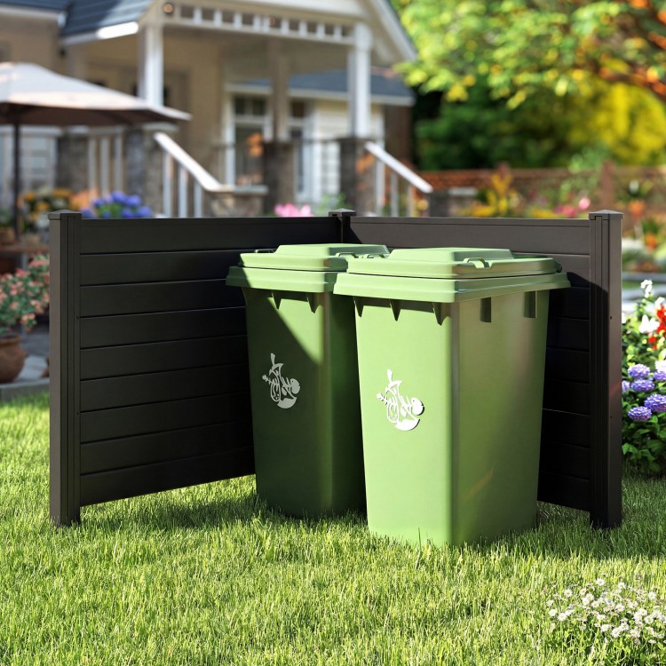 Black 48 x 38 inch air conditioner fence with two green trash bins, ideal for patio or backyard enclosure.