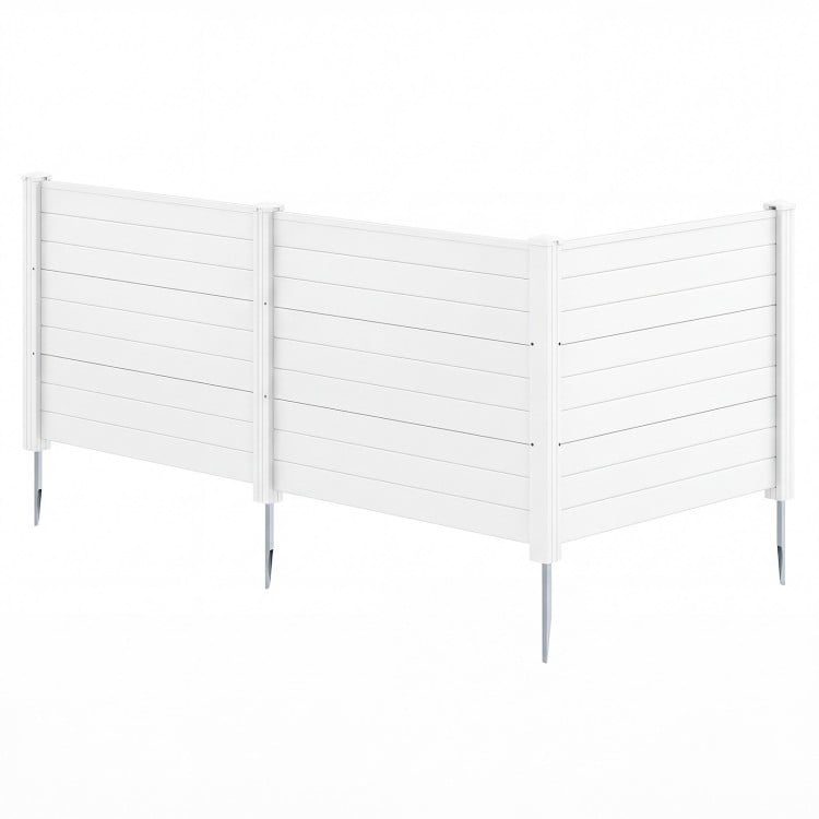 Three-panel white air conditioner fence with metal ground stakes, ideal for patio or backyard use and easy installation.