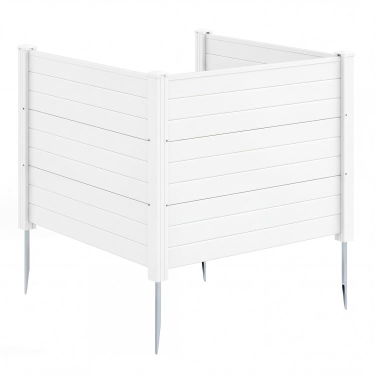 White 48 x 38 inch air conditioner fence with three panels and galvanized metal ground stakes for versatile outdoor use.