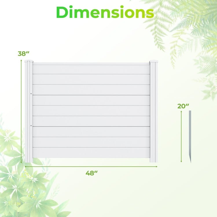 48 x 38 inch white air conditioner fence with three panels and galvanized metal ground stakes for easy installation.