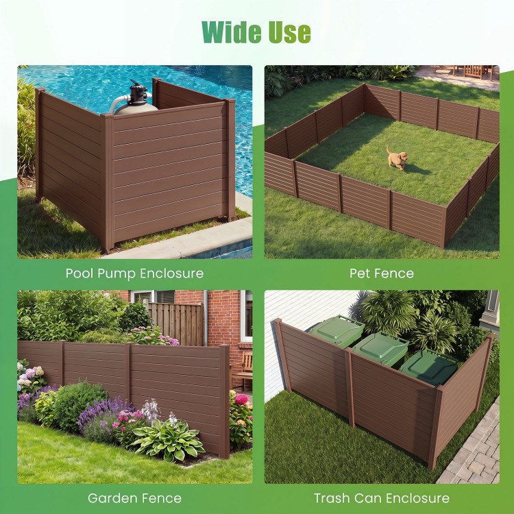 Brown outdoor privacy fence panels shown in various uses, including pet fence and trash can enclosure, for versatile.