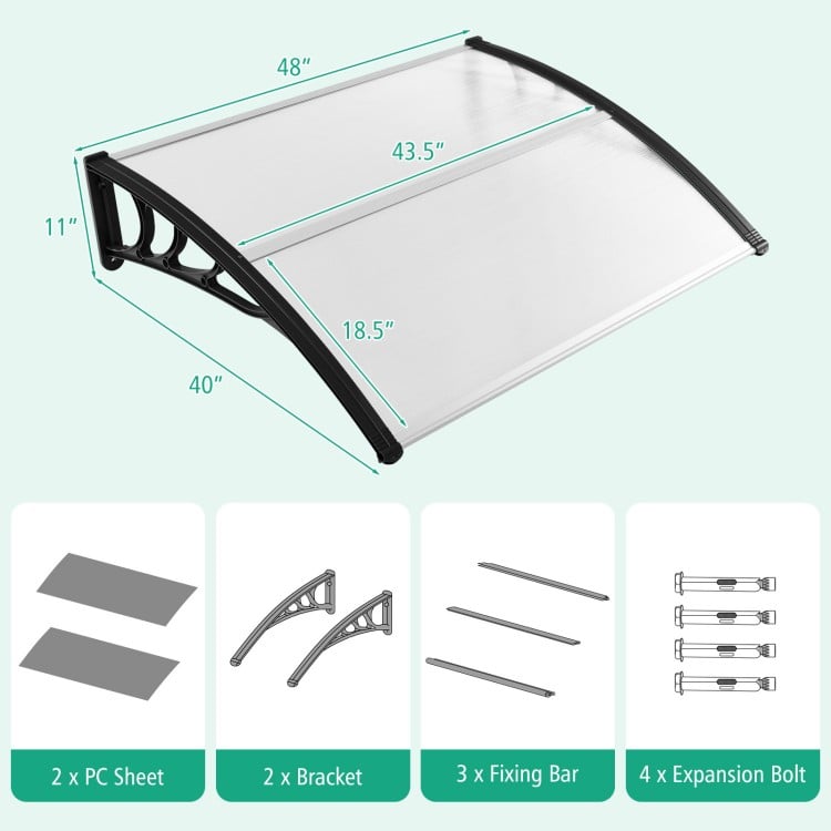 Curved 48 x 40 inch outdoor door canopy in black with durable PC sheet and ABS brackets, ideal for porch or patio use.