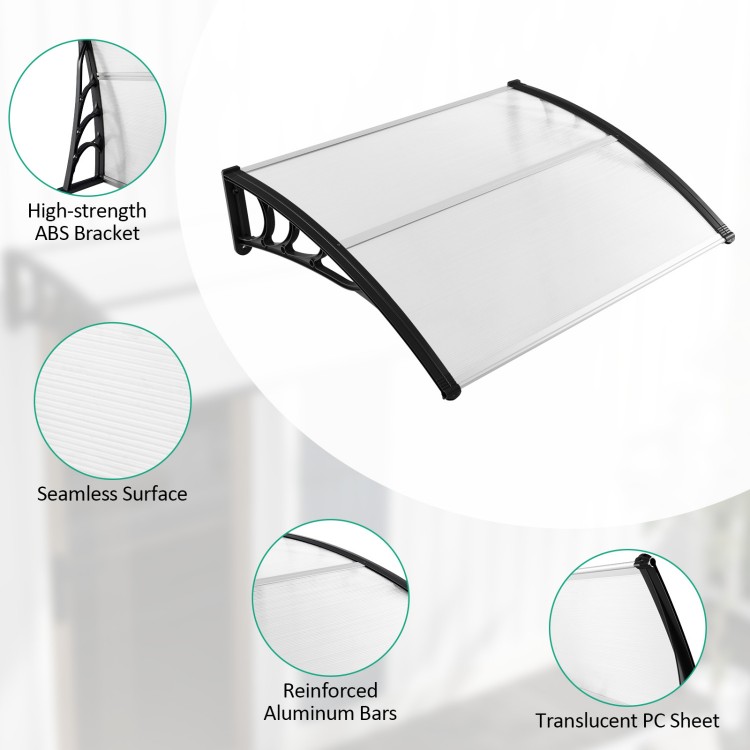 Curved outdoor door canopy with black ABS bracket and reinforced aluminum bars, ideal for weather protection on porches.