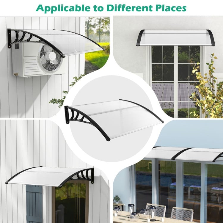 Curved black outdoor door canopy awning, 48 x 40 inches, durable PC sheet, ideal for porch or patio protection.