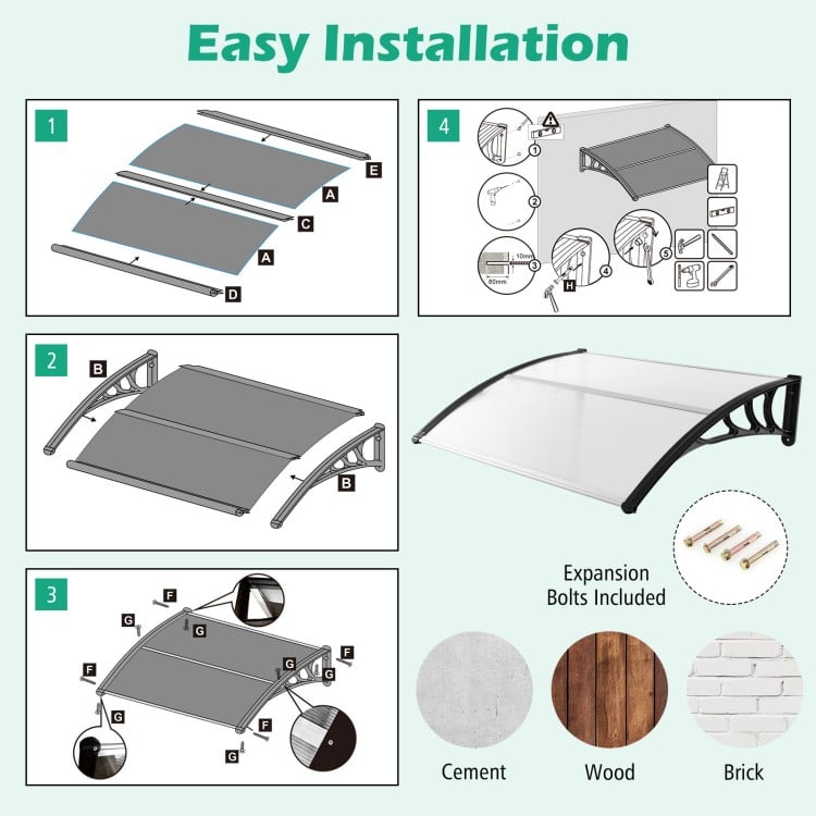 Installation guide for the 48 x 40 inch black outdoor door awning, suitable for cement, wood, or brick walls.
