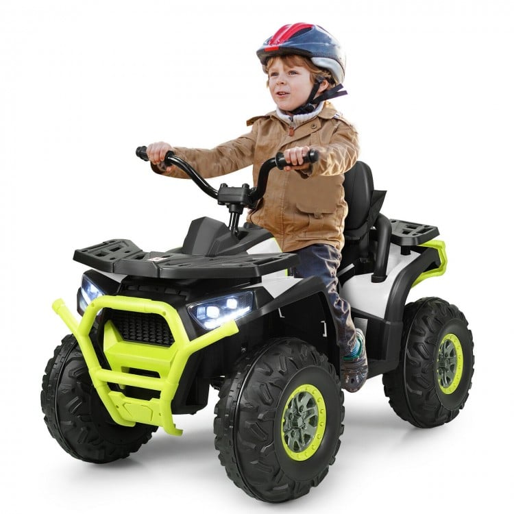 Close-up of the powerful wheels on the 12V kids electric ATV quad in white, designed for durability and smooth driving.
