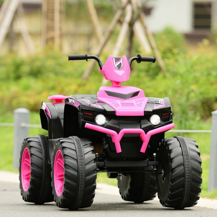Kids ride-on ATV in pink with LED lights and treaded tires, designed for stability and fun on various surfaces.