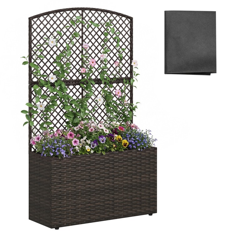 Raised garden bed with trellis and wicker planter box in brown, ideal for climbing plants and vertical gardening.