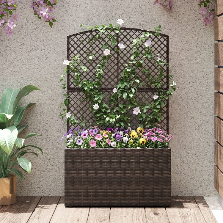 49-inch raised garden bed with trellis and wicker planter box in brown, perfect for climbing plants and outdoor decor.