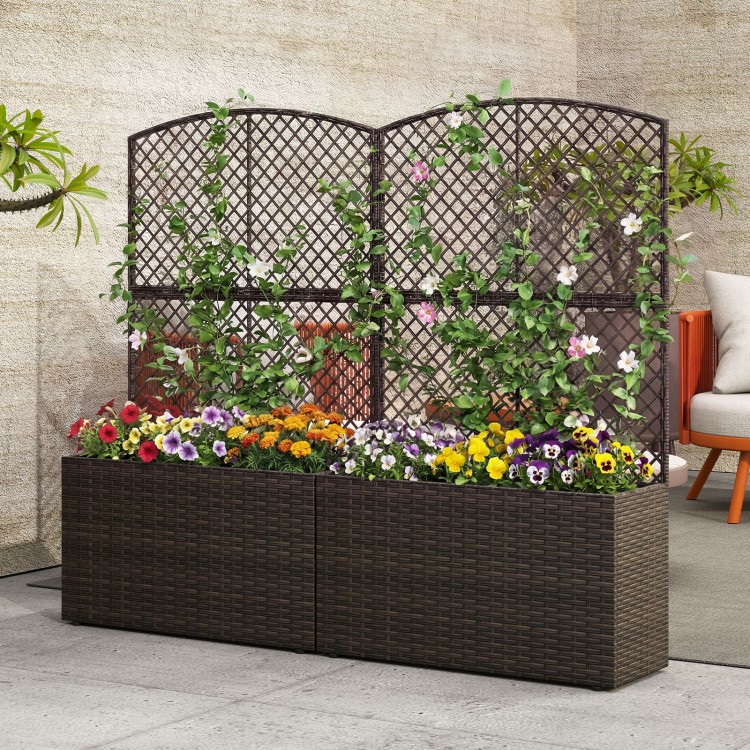 Raised garden bed with trellis and wicker planter box in brown, ideal for flowers and climbing plants in outdoor spaces.