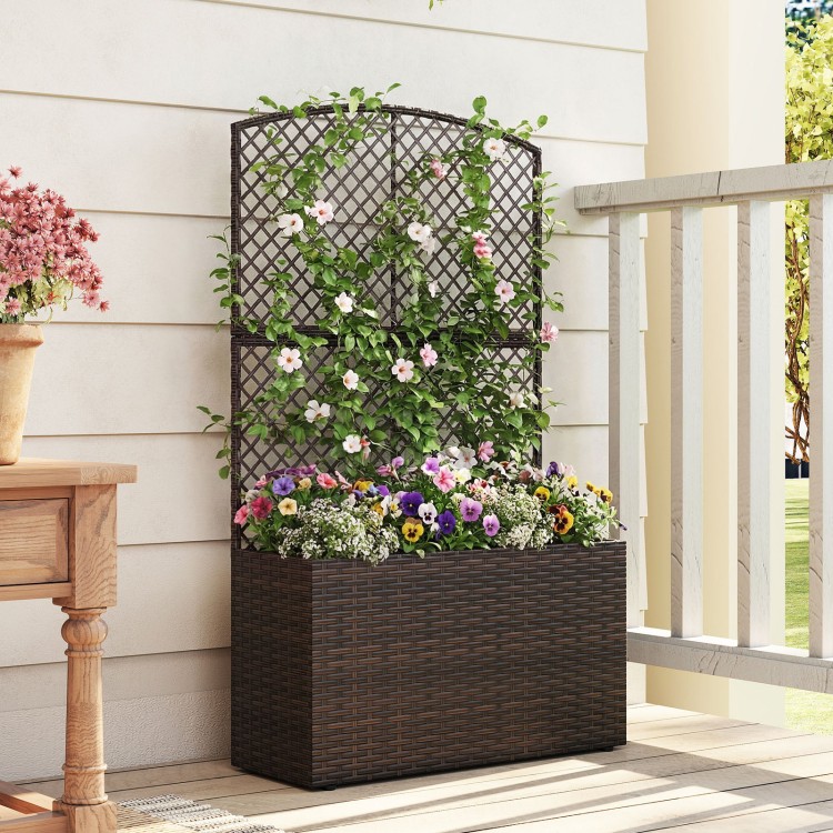 Raised garden bed with trellis and wicker planter box in brown, ideal for vertical gardening and supporting climbing.