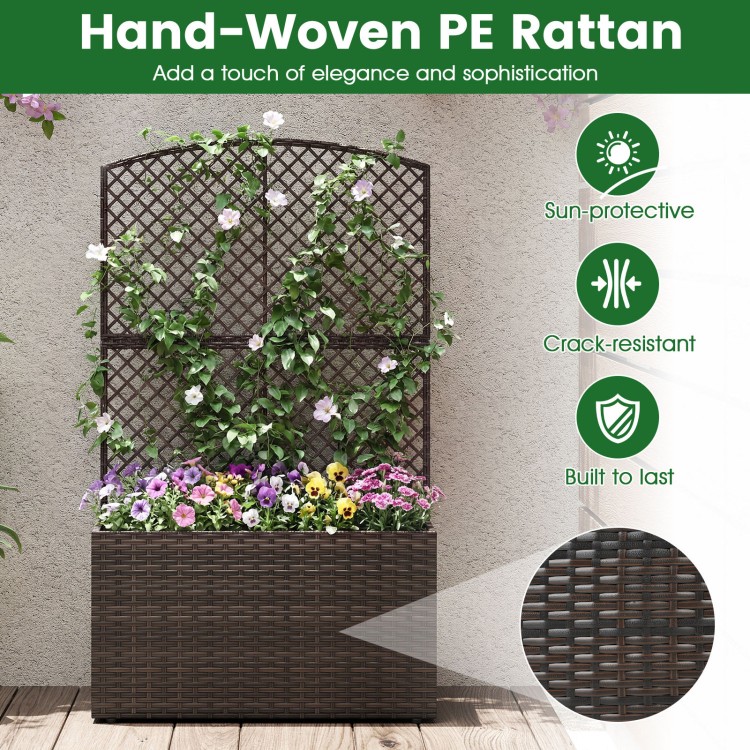49-inch raised garden bed with trellis, crafted from hand-woven PE rattan, ideal for climbing plants and outdoor.