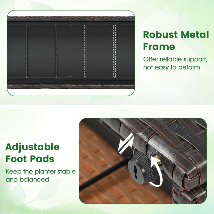 Close-up of the robust metal frame and adjustable foot pads of the 49-inch raised garden bed with trellis for stability.
