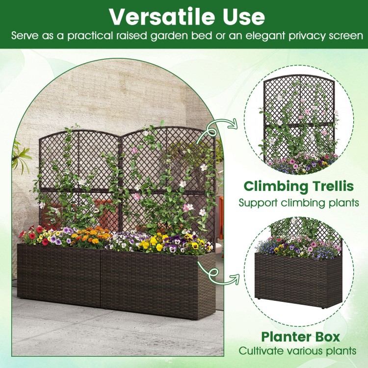 49-inch raised garden bed with trellis and wicker planter box in brown, perfect for climbing plants and outdoor.