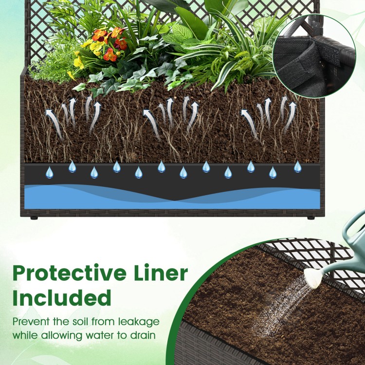 49-inch raised garden bed with trellis and protective liner, crafted from durable PE rattan for outdoor planting.