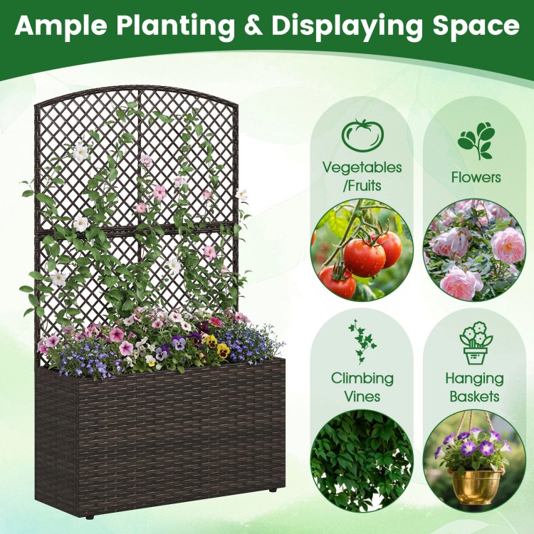 49-inch raised garden bed with trellis, crafted from PE rattan, ideal for flowers and climbing plants in outdoor spaces.