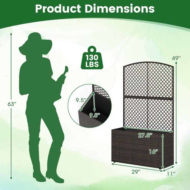 Dimensions of the 49-inch raised garden bed with trellis and wicker planter box, designed for various plants and.