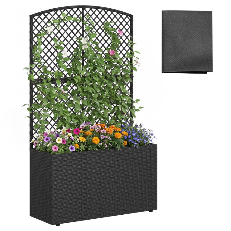 49-inch black raised garden bed with trellis and wicker planter box, perfect for growing flowers and climbing plants.