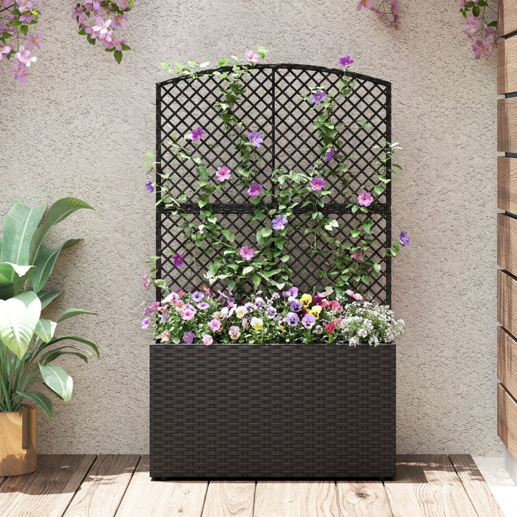 49-inch raised garden bed with trellis and wicker planter box in black, perfect for vertical gardening and plant.