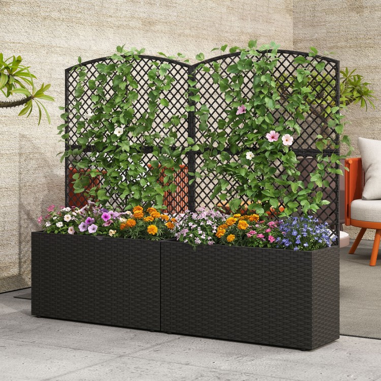 49-inch raised garden bed with trellis and black wicker planter box, perfect for vertical gardening and privacy.