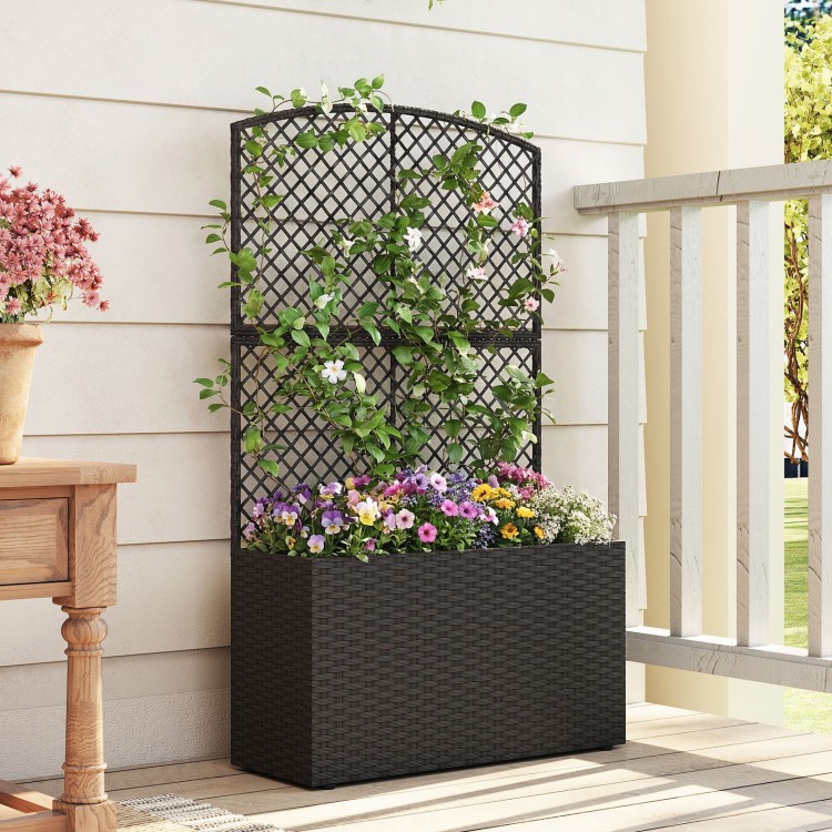 Raised garden bed with trellis, crafted from black PE rattan, perfect for vertical gardening and plant support.