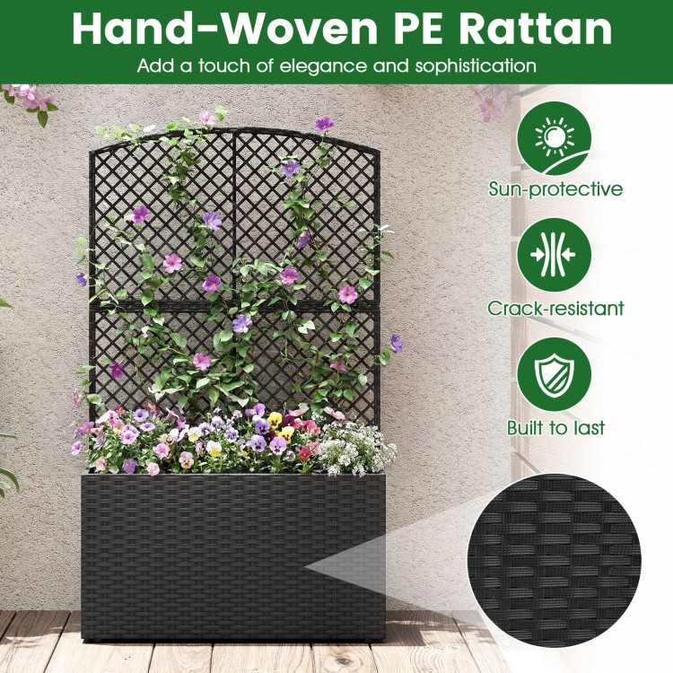 49-inch raised garden bed with trellis and wicker planter box in black, ideal for vertical gardening and plant support.
