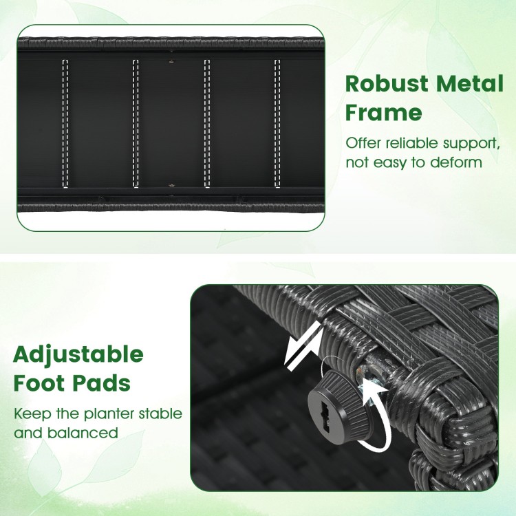 Close-up of the robust metal frame and adjustable foot pads of the 49-inch black raised garden bed with trellis.