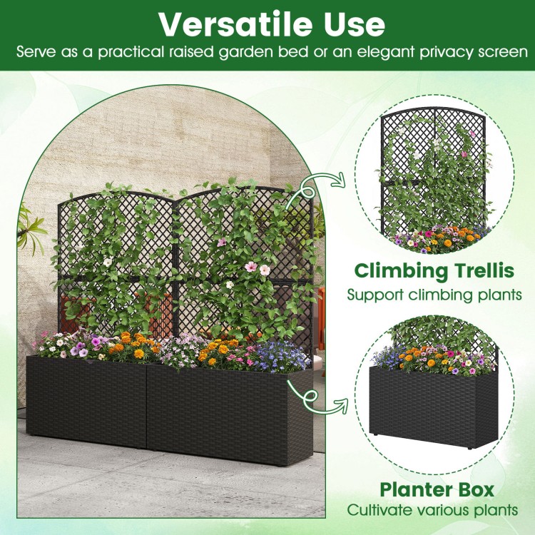 49-inch raised garden bed with trellis and wicker planter box in black, ideal for climbing plants and vertical.