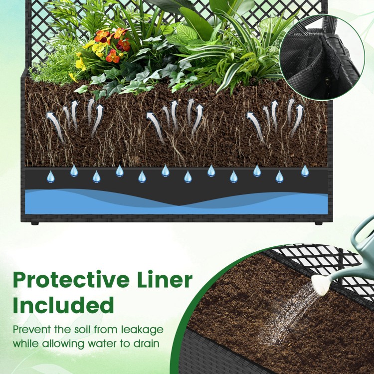 49-inch raised garden bed with trellis and protective liner, crafted from durable PE rattan for outdoor planting.