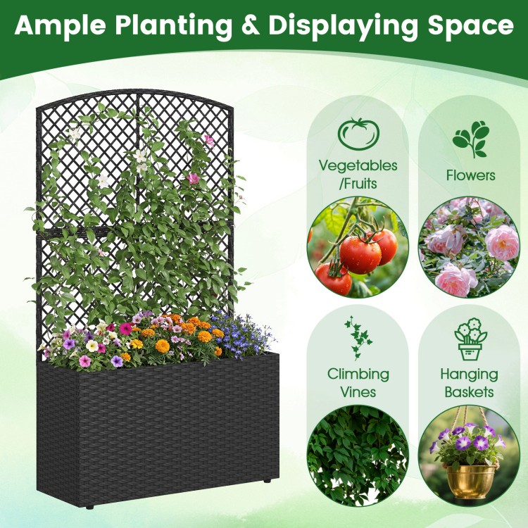 49-inch raised garden bed with trellis, black PE rattan planter box for vegetables, flowers, and climbing vines.