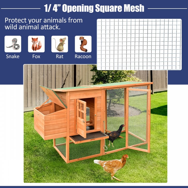 Galvanized hardware cloth roll, 1/4" mesh holes, 23-gauge steel wire for rodent protection in gardens and poultry.