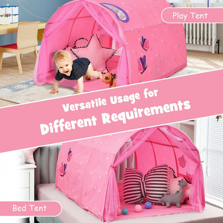 Pink kids play tent with mesh windows, made of peach skin fabric, ideal for indoor games and bedroom decor.