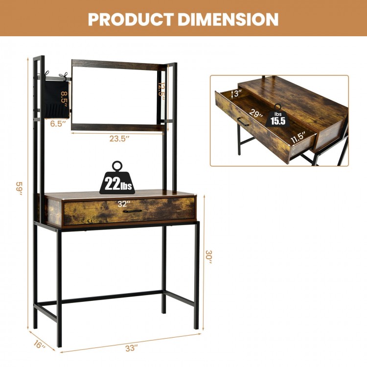 Industrial vanity table in bag-brown with adjustable mirror, spacious drawer, and sturdy metal frame for bedroom decor.