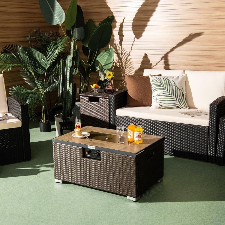 Rattan fire pit table set with propane tank holder, featuring a brown finish, ideal for outdoor gatherings and dining.