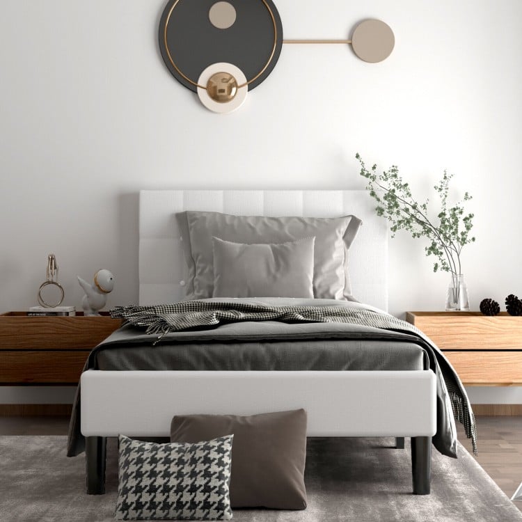 Platform bed with button tufted headboard in beige, featuring a modern design and 7-inch under-bed storage space.