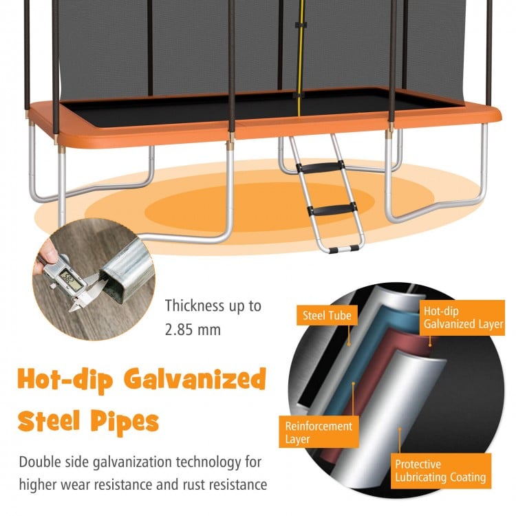Hot-dip galvanized steel pipes of the 8 x 14 feet trampoline, showcasing durability and rust resistance features.