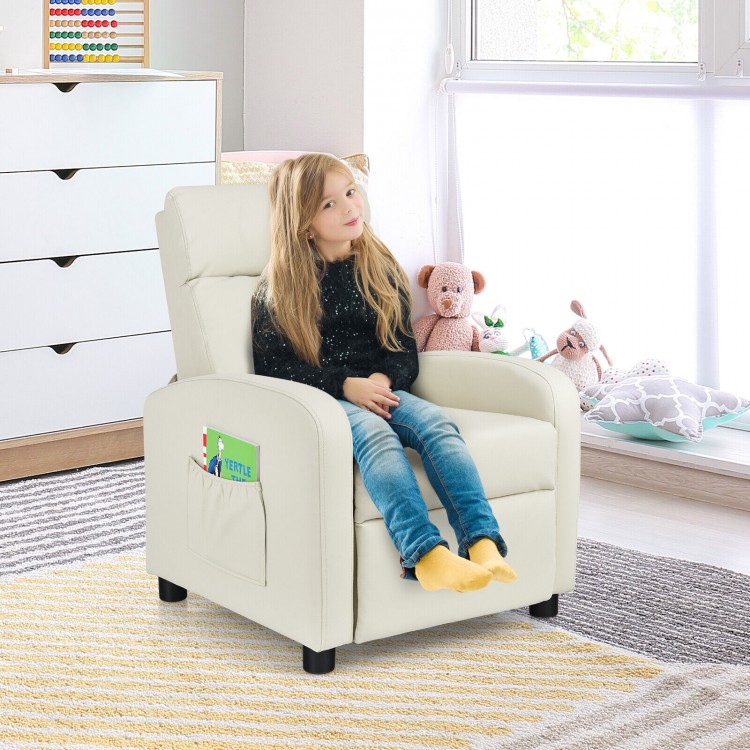 Kids recliner lounge sofa in white with adjustable backrest, high-density sponge padding, and side pocket for toys.