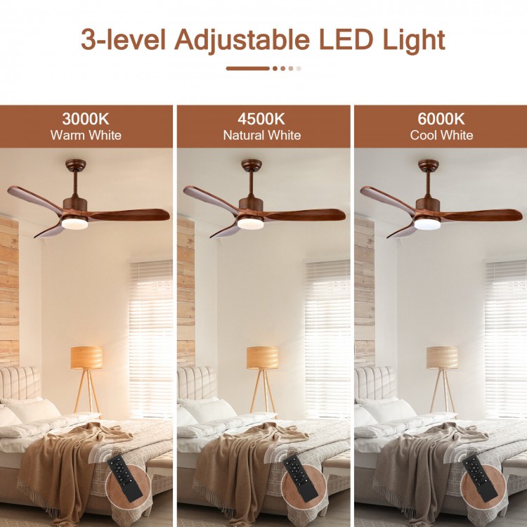 52-inch reversible ceiling fan with LED light, brown finish, featuring 3 color temperatures and remote control for.