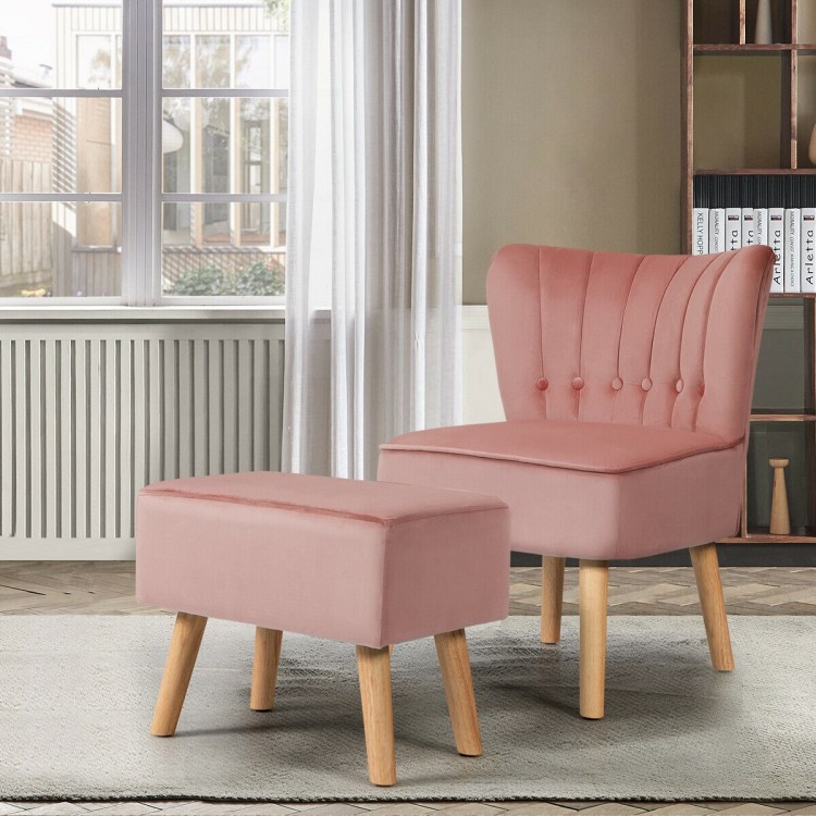 Pink leisure chair and ottoman set with velvet upholstery and rubber wood feet, perfect for living room relaxation.