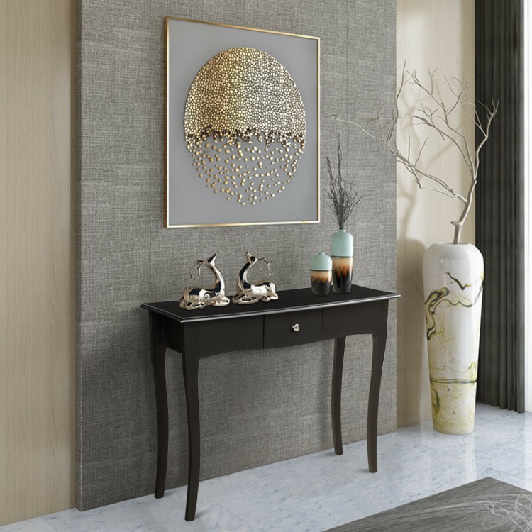 Elegant modern console table with storage drawer, crafted from acacia wood and MDF, perfect for hallway or living room.