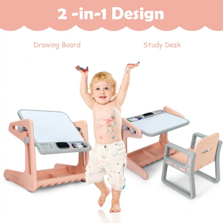 Kids easel table and chair set in pink, featuring adjustable drawing board for art and study, perfect for creative play.