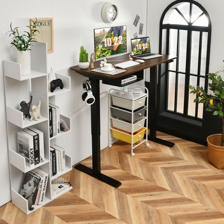 Electric height adjustable standing desk in walnut finish with dual monitors, ergonomic design for home or office use.