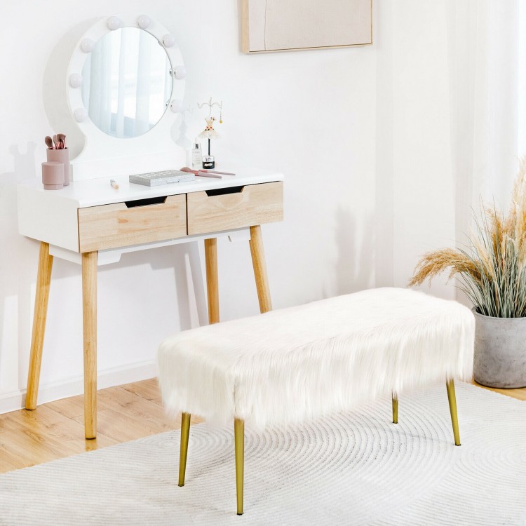 Upholstered faux fur vanity stool with golden legs, perfect for makeup rooms and extra seating, offering stylish.