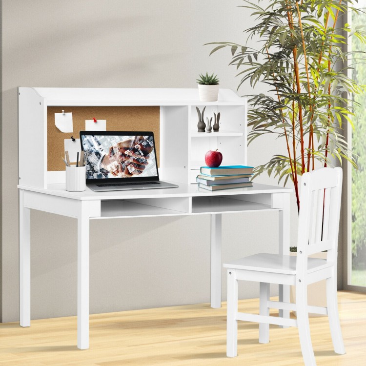Kids study desk and chair set in white with hutch, open drawers, and cork board, perfect for learning and organization.