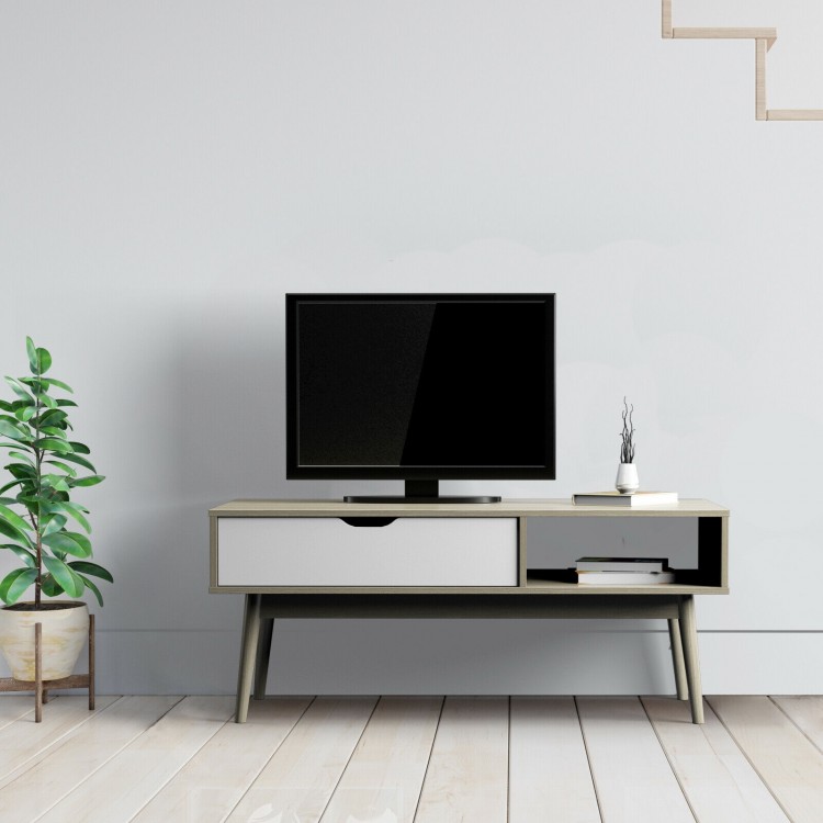 Gray coffee cocktail accent table with drawer and open shelves, perfect for stylish storage in living spaces.