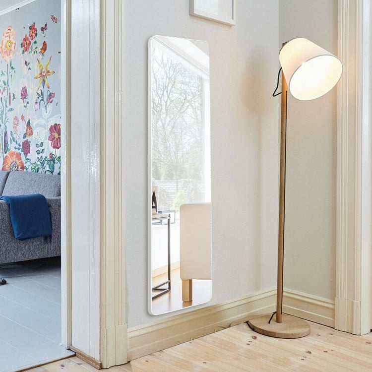 Frameless wall mountable floor mirror in white, featuring a sturdy U-shaped bracket and ideal for hallway or bedroom.